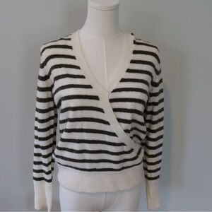 Madewell Striped V-Neck Sweater - Green and White